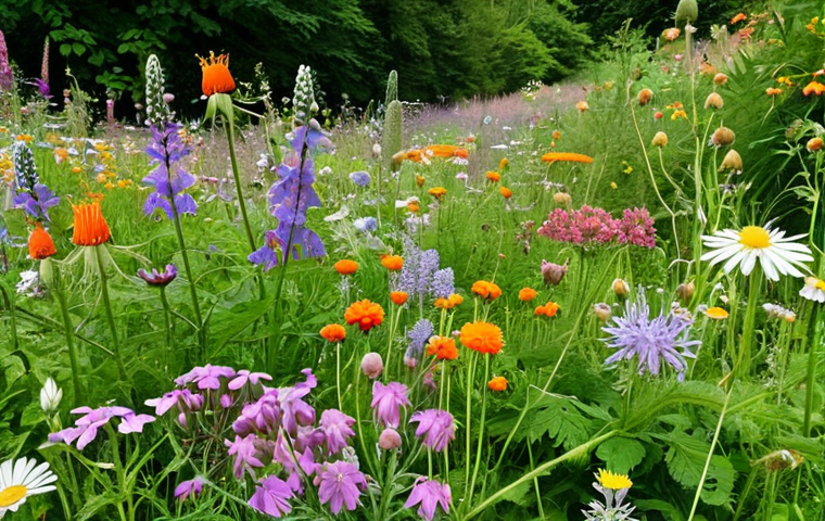 A vibrant, biodiverse German garden teeming with native wildflowers like bellflowers and wild carrot, alive with the flutter of diverse butterflies and the hum of various native bees. The scene conveys a sense of renewed life, ecological balance, and the profound joy of a thriving natural ecosystem.