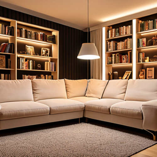 Home 6 A cozy German living room with energy-efficient LED lighting, showcasing a warm and inviting atmosphere. Dimmable LEDs illuminate a comfortable sofa and a bookshelf filled with books.