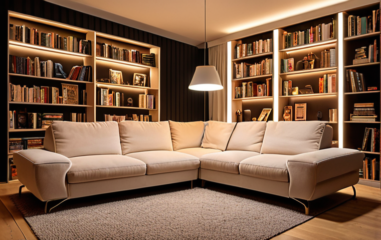 A cozy German living room with energy-efficient LED lighting, showcasing a warm and inviting atmosphere. Dimmable LEDs illuminate a comfortable sofa and a bookshelf filled with books.