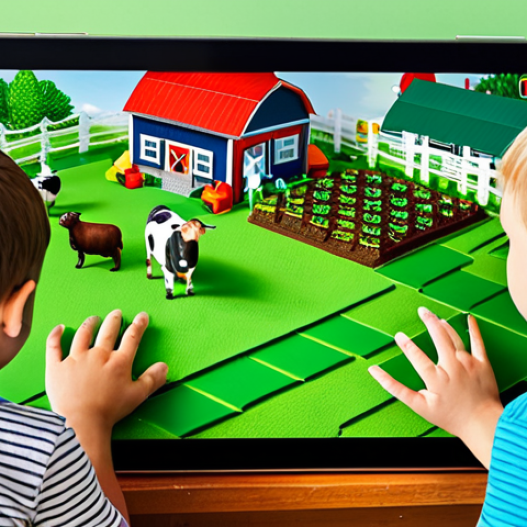 Children Playing a Virtual Farming Game**
"A group of young children, engrossed in playing a virtual farming simulation game on tablets, indoors, surrounded by toy farm animals and building blocks, learning about sustainable agriculture and animal care, bright and colorful, educational setting, family-friendly, safe for work, fully clothed, professional, appropriate content, perfect anatomy, natural proportions, well-formed hands, proper finger count."
**