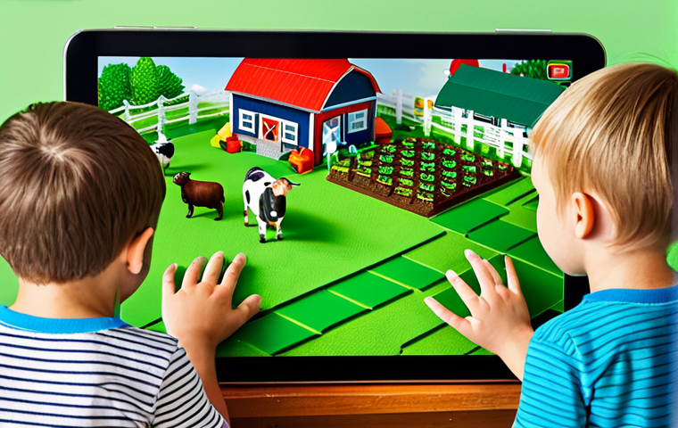 Children Playing a Virtual Farming Game**
"A group of young children, engrossed in playing a virtual farming simulation game on tablets, indoors, surrounded by toy farm animals and building blocks, learning about sustainable agriculture and animal care, bright and colorful, educational setting, family-friendly, safe for work, fully clothed, professional, appropriate content, perfect anatomy, natural proportions, well-formed hands, proper finger count."
**