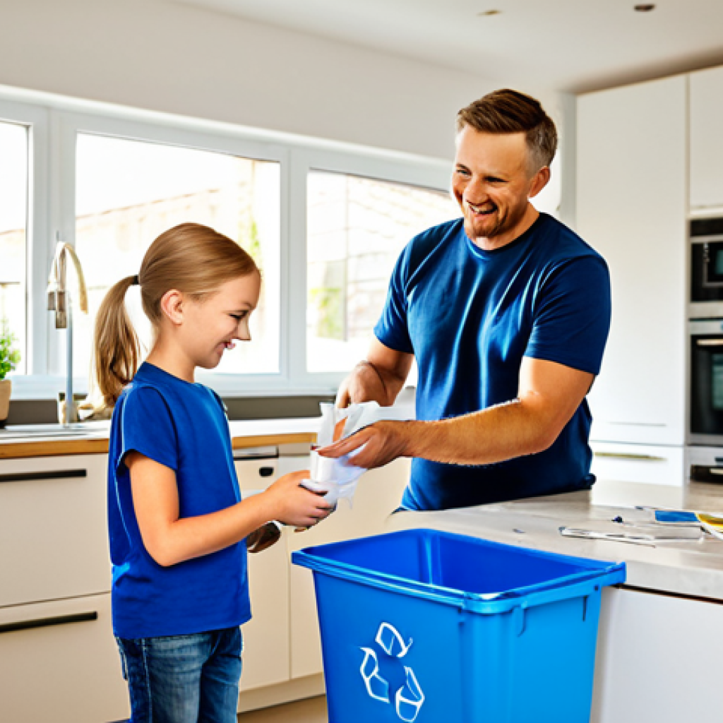Family Recycling at Home**
"A family sorting waste together in their modern kitchen. Dad is holding a cardboard box, Mom is separating plastics, and their child is putting paper in the blue bin. Bright, natural lighting. Focus on cheerful expressions and teamwork. Bins are clearly labeled "Papier," "Kunststoff," and "Restmüll". Safe for work, appropriate content, fully clothed, modest clothing, family-friendly, professional photography, perfect anatomy, correct proportions, natural pose, well-formed hands, proper finger count, natural body proportions."
**