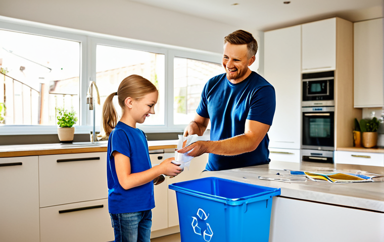 Family Recycling at Home**
"A family sorting waste together in their modern kitchen. Dad is holding a cardboard box, Mom is separating plastics, and their child is putting paper in the blue bin. Bright, natural lighting. Focus on cheerful expressions and teamwork. Bins are clearly labeled "Papier," "Kunststoff," and "Restmüll". Safe for work, appropriate content, fully clothed, modest clothing, family-friendly, professional photography, perfect anatomy, correct proportions, natural pose, well-formed hands, proper finger count, natural body proportions."
**