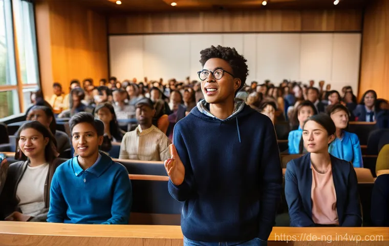 환경 보호와 관련된 말하기 대회 개최하기 - **Prompt 1: The Passionate Young Speaker**
"A vibrant, dynamic shot of a diverse group of young ...