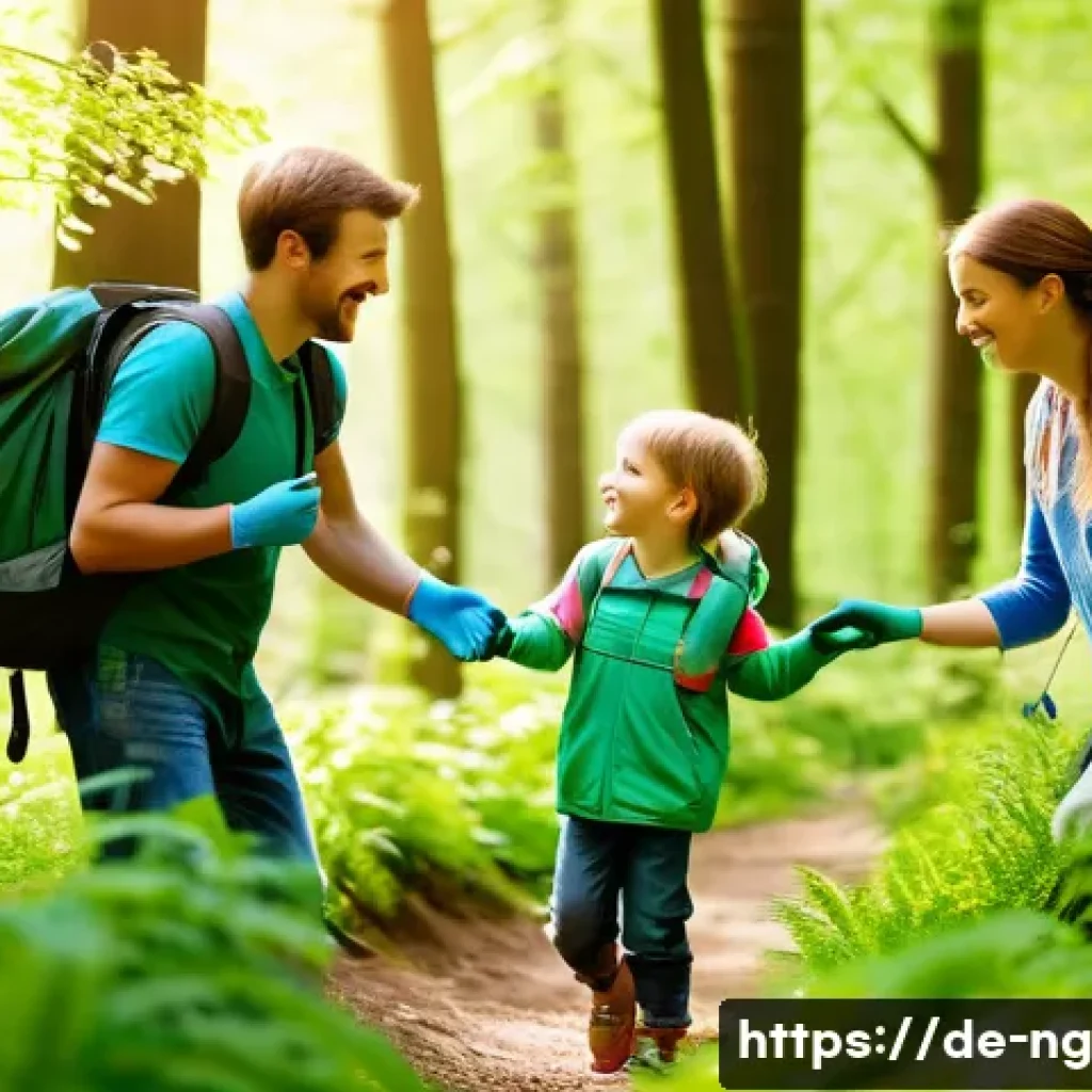 가족과 함께하는 자연 보호 프로젝트 - A cheerful family of four, dressed in casual outdoor clothing, exploring a lush German forest during...