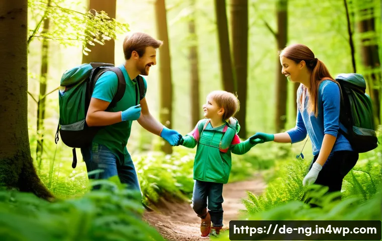 가족과 함께하는 자연 보호 프로젝트 - A cheerful family of four, dressed in casual outdoor clothing, exploring a lush German forest during...