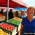 Home 22 가정에서 쓰레기 줄이는 팁 - A bright, inviting German farmer’s market scene featuring a middle-aged woman carrying reusable clot...