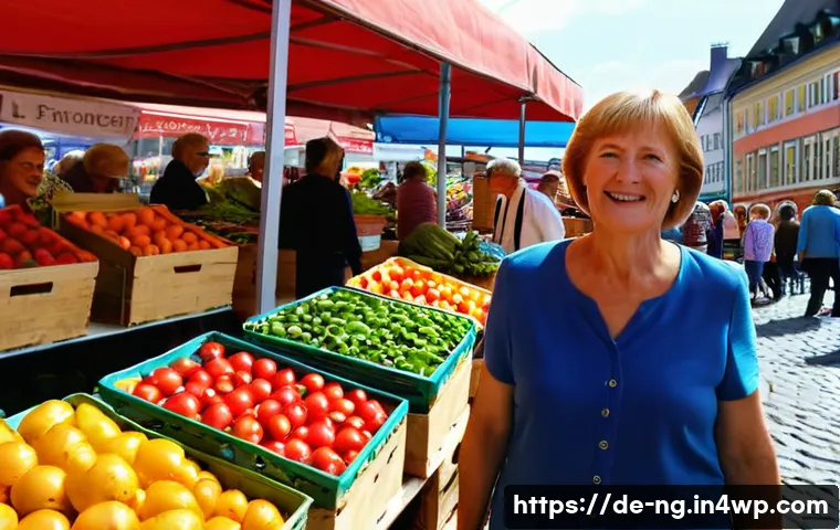 가정에서 쓰레기 줄이는 팁 - A bright, inviting German farmer’s market scene featuring a middle-aged woman carrying reusable clot...