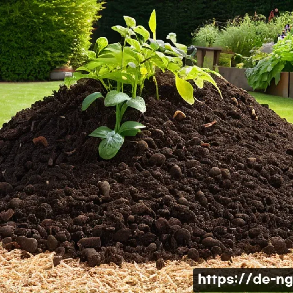 퇴비 만들기로 생태계 회복하기 - A detailed, vibrant garden compost heap scene in a semi-shaded backyard typical of a German home, sh...