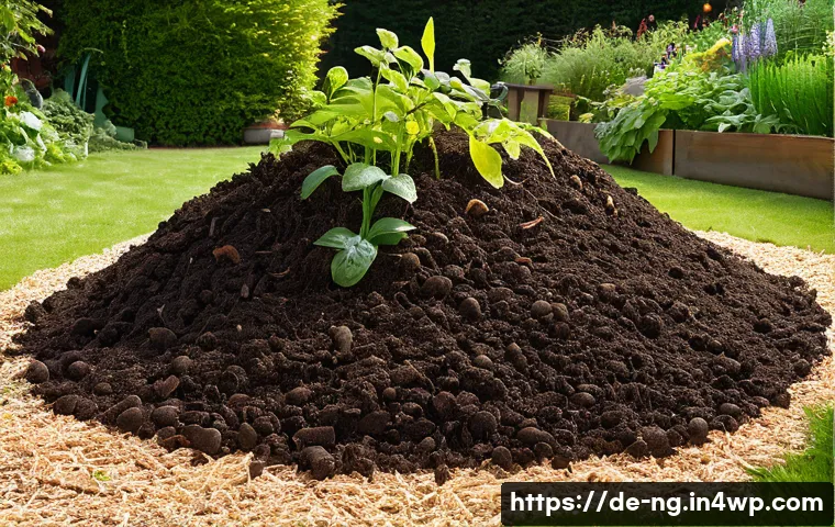 퇴비 만들기로 생태계 회복하기 - A detailed, vibrant garden compost heap scene in a semi-shaded backyard typical of a German home, sh...