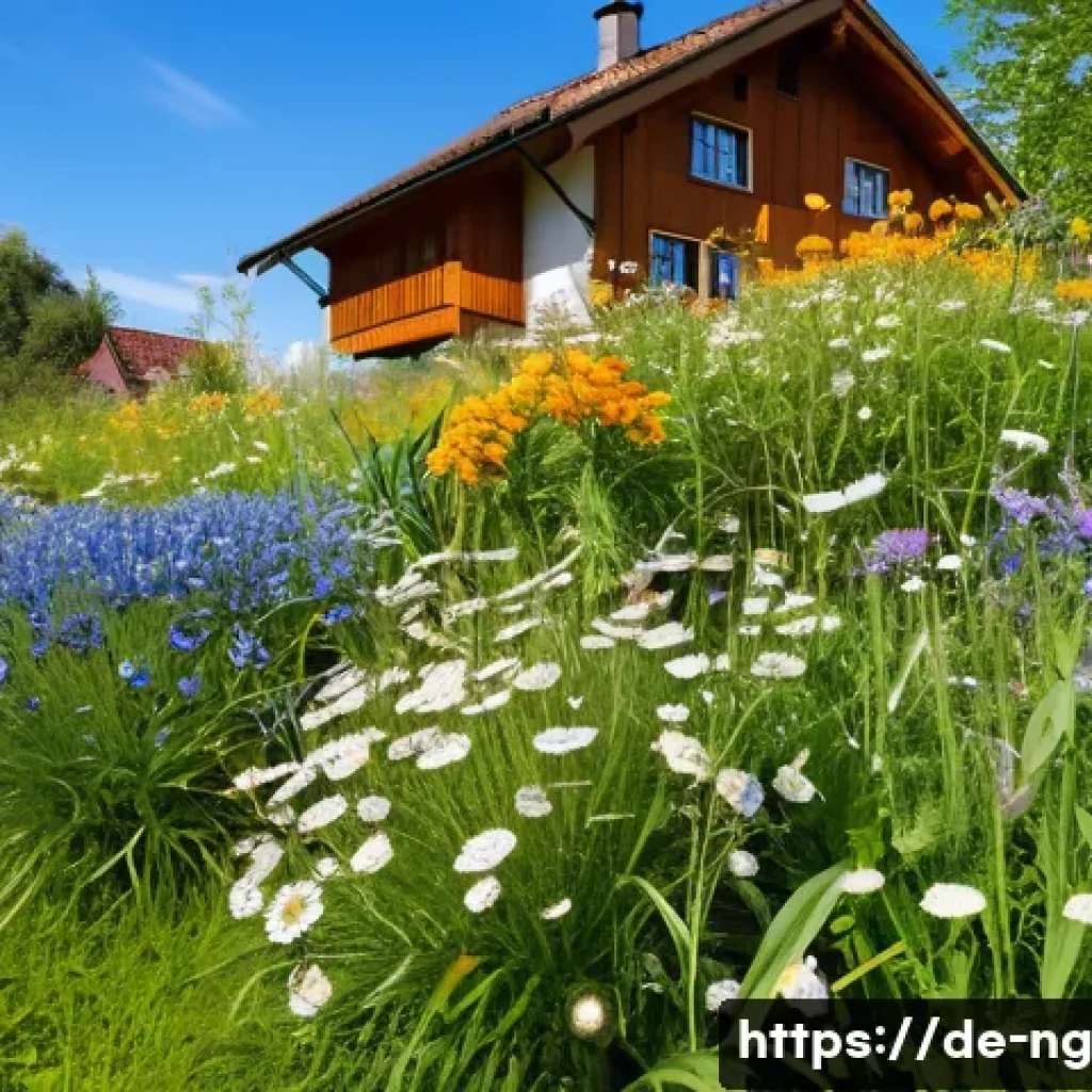 가정에서 쉽게 할 수 있는 생태계 복원 활동 - A vibrant wildflower meadow in a suburban German garden during late spring, featuring native flowers...