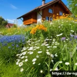 Home 20 가정에서 쉽게 할 수 있는 생태계 복원 활동 - A vibrant wildflower meadow in a suburban German garden during late spring, featuring native flowers...