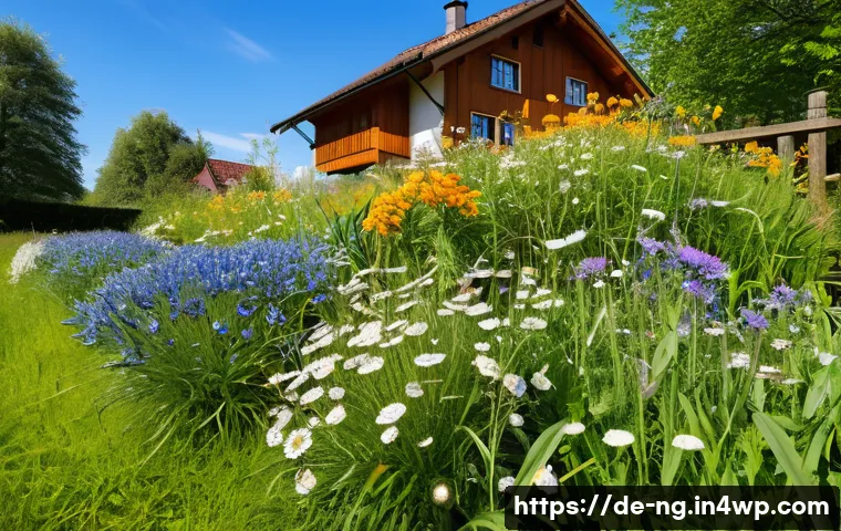 가정에서 쉽게 할 수 있는 생태계 복원 활동 - A vibrant wildflower meadow in a suburban German garden during late spring, featuring native flowers...