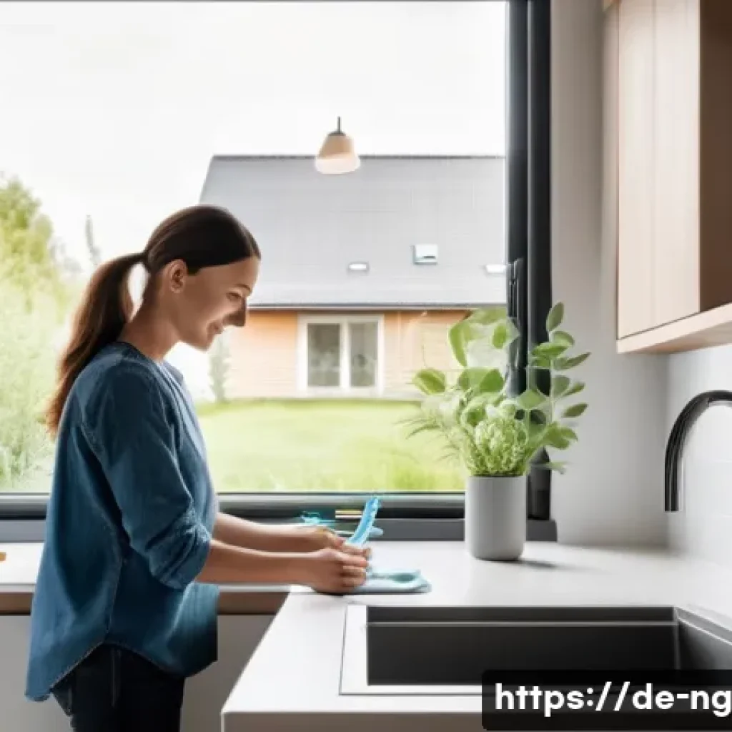 가정에서 쉽게 실천할 수 있는 생태계 보존법 - A modern German kitchen scene featuring a family practicing water conservation: a person turning off...