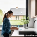 Home 19 가정에서 쉽게 실천할 수 있는 생태계 보존법 - A modern German kitchen scene featuring a family practicing water conservation: a person turning off...
