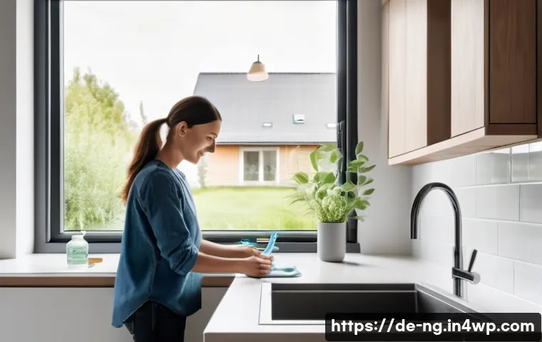 가정에서 쉽게 실천할 수 있는 생태계 보존법 - A modern German kitchen scene featuring a family practicing water conservation: a person turning off...