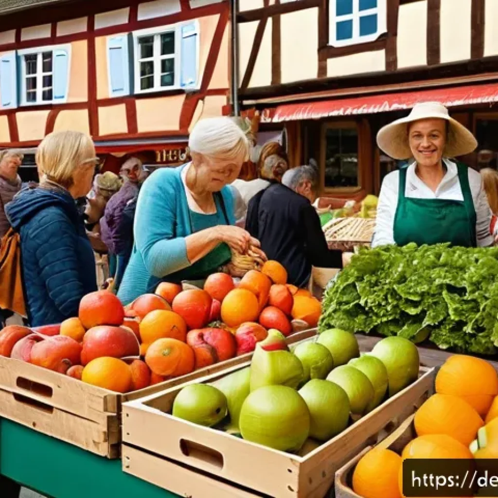 가정에서 실천할 수 있는 친환경 식습관 - A vibrant German farmers' market scene on a sunny day, featuring colorful stalls with fresh, seasona...