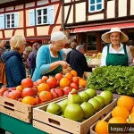 Home 18 가정에서 실천할 수 있는 친환경 식습관 - A vibrant German farmers' market scene on a sunny day, featuring colorful stalls with fresh, seasona...