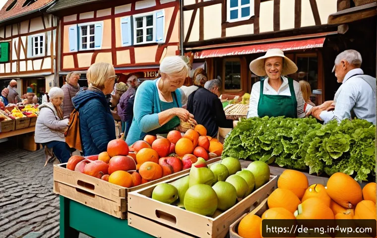 가정에서 실천할 수 있는 친환경 식습관 - A vibrant German farmers' market scene on a sunny day, featuring colorful stalls with fresh, seasona...