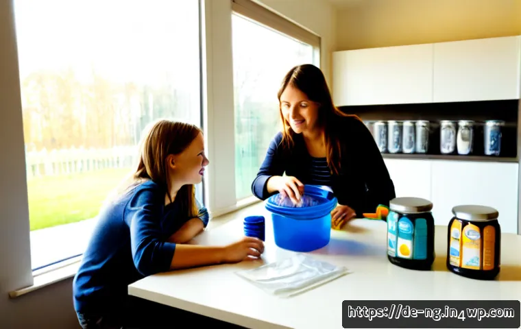 Home 17 재활용의 중요성을 가족과 함께 이야기하기 - Photorealistic German family of three gathered around a bright kitchen table, parents and school-age...