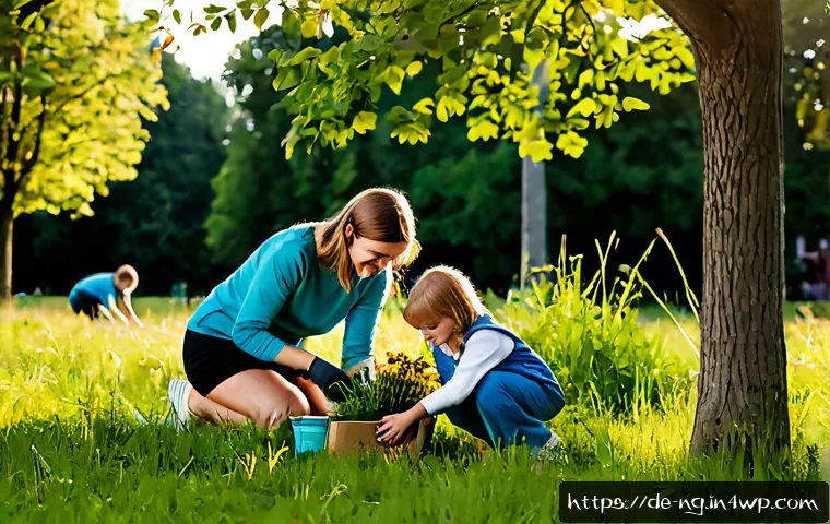 가족과 함께하는 생태계 보호 캠페인 - Photorealistic German family ecosystem protection campaign in a sunlit urban park, parents and two s...