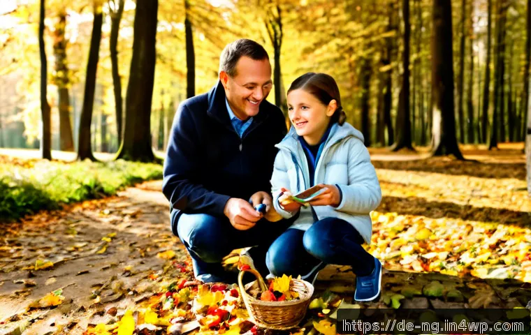 자연을 주제로 한 가족 활동 아이디어 - Photorealistic family nature activity in a German forest, two parents and two school-age children co...