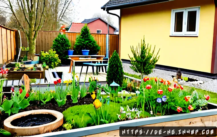 가정에서 시작하는 생태계 회복 이야기 - Photorealistic suburban German backyard in early spring, a multigenerational family planting native ...